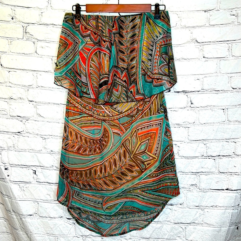 GLAM Brown Blue Paisley Strapless Dress Size Small Excellent Condition